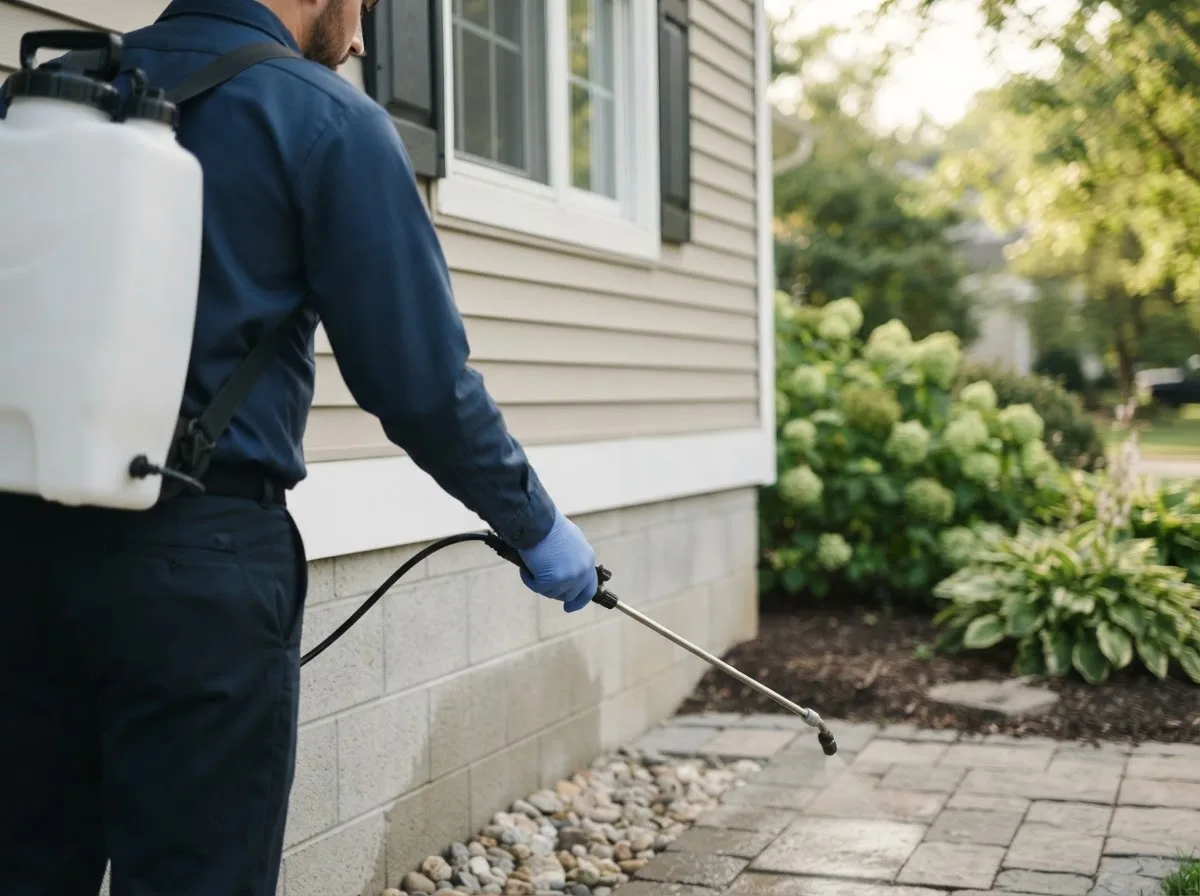 Pest control technician inspecting a home in Asbury, MO